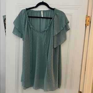 Sage Green Swiss Dot Ruffle-Sleeve Blouse